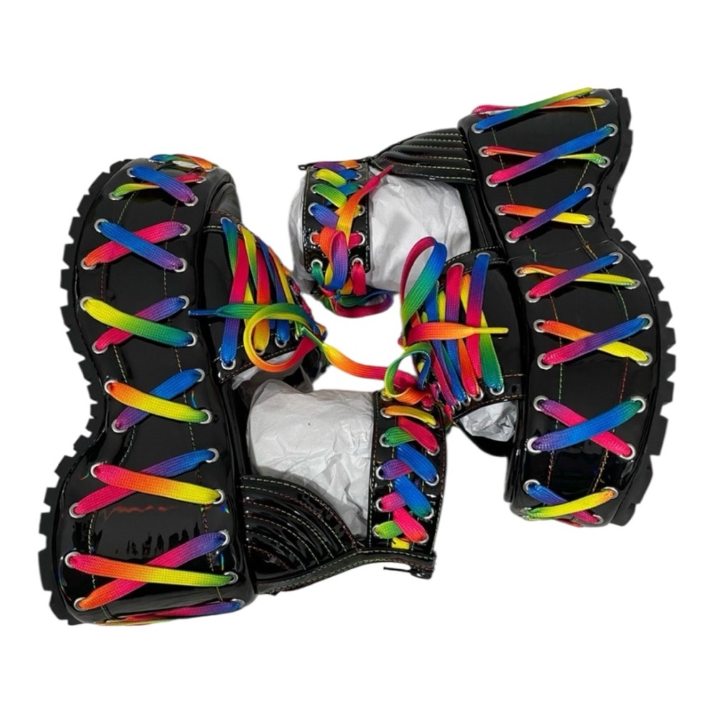 CLUB EXX new wo box Platform Sandals Open Toe Rainbow Lacing Black Size 7
